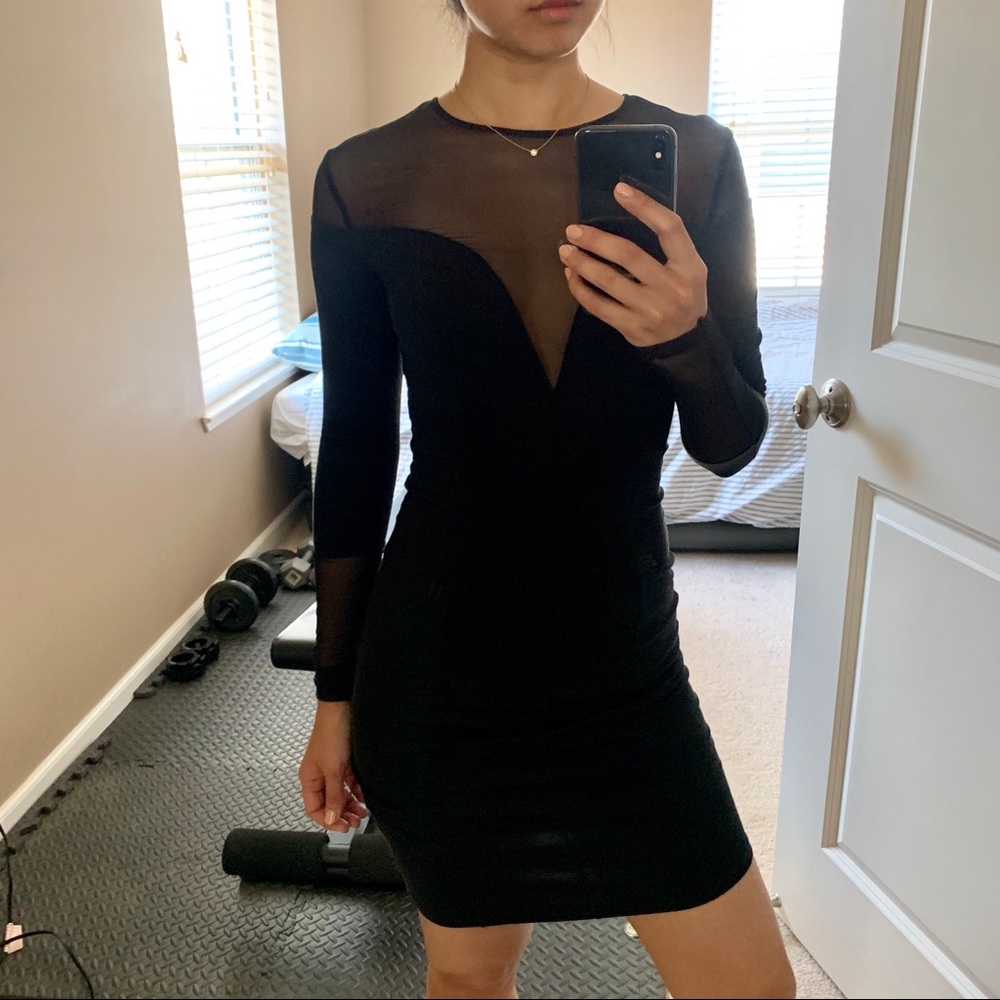 H&M Black Body Con Mesh Paneled Dress
